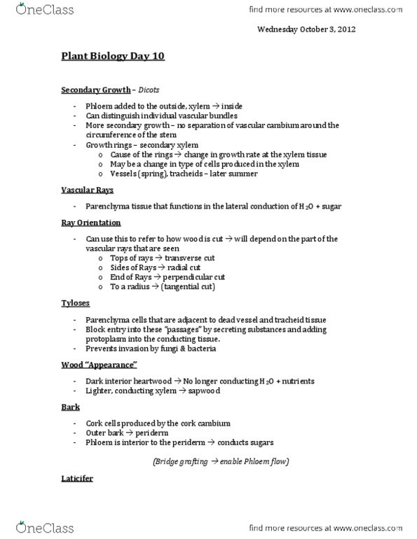 BIOL 1130 Lecture Notes - Monocotyledon, Laticifer, Protoplasm thumbnail