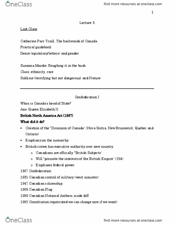 EN 2220 Lecture Notes - Lecture 5: Catharine Parr Traill, Susanna Moodie, O Canada thumbnail