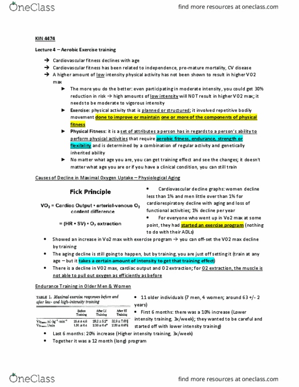 Kinesiology 4474A/B Lecture Notes - Lecture 4: Vo2 Max, Cardiovascular Fitness, Cardiac Output thumbnail