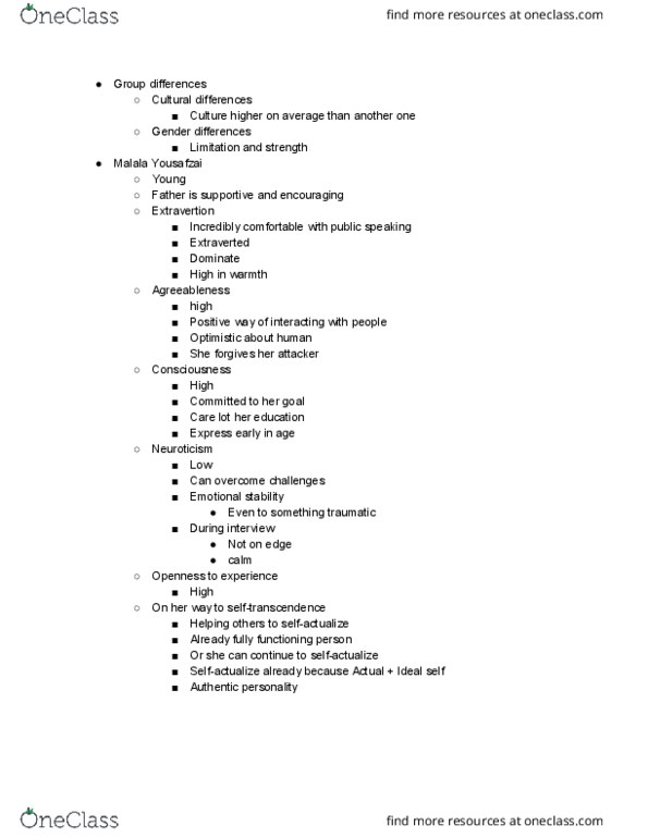 PSYC 305 Lecture Notes - Lecture 15: Malala Yousafzai, Assortative Mating, Neuroticism thumbnail