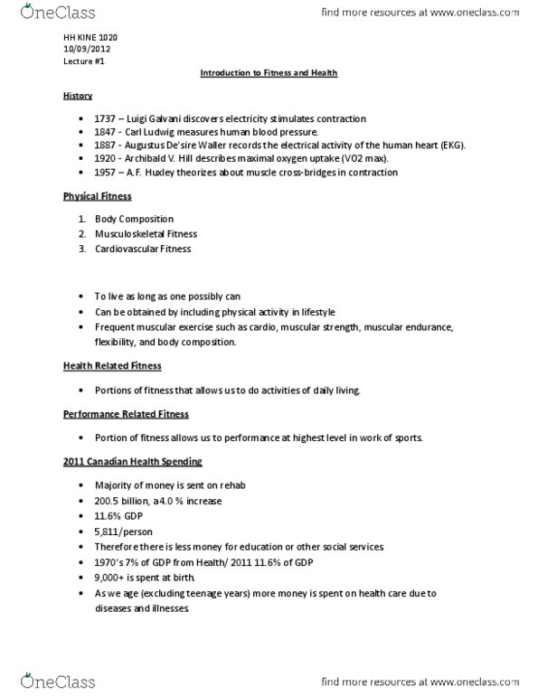 KINE 1020 Lecture Notes - Luigi Galvani, Vo2 Max, Electrocardiography thumbnail