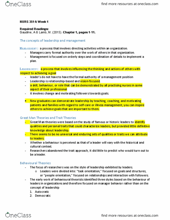 NURS 3514 Chapter Notes - Chapter 1: Transactional Leadership, Canadian Nurses Association, Social Exchange Theory thumbnail