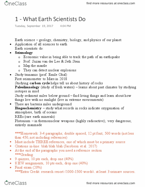 EARTH 101 Lecture Notes - Lecture 1: Paleolimnology, Biogeochemistry, Earth Science thumbnail