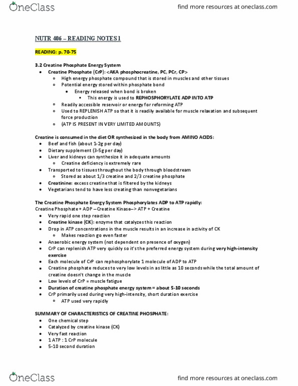 NUTR 406 Chapter Notes - Chapter 1: Creatine Kinase, Dietary Supplement, Phosphocreatine thumbnail