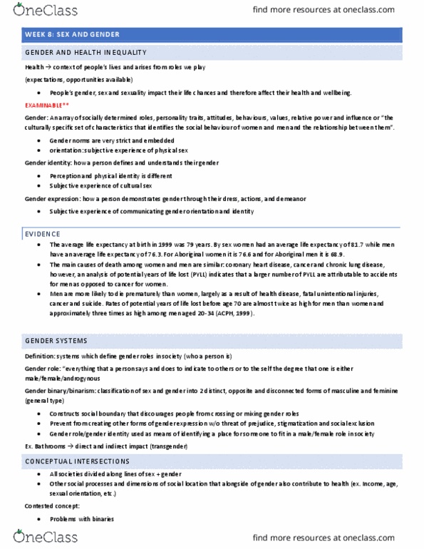 HSCI 340 Lecture Notes - Lecture 7: Coronary Artery Disease, Gender Role, Among Men thumbnail