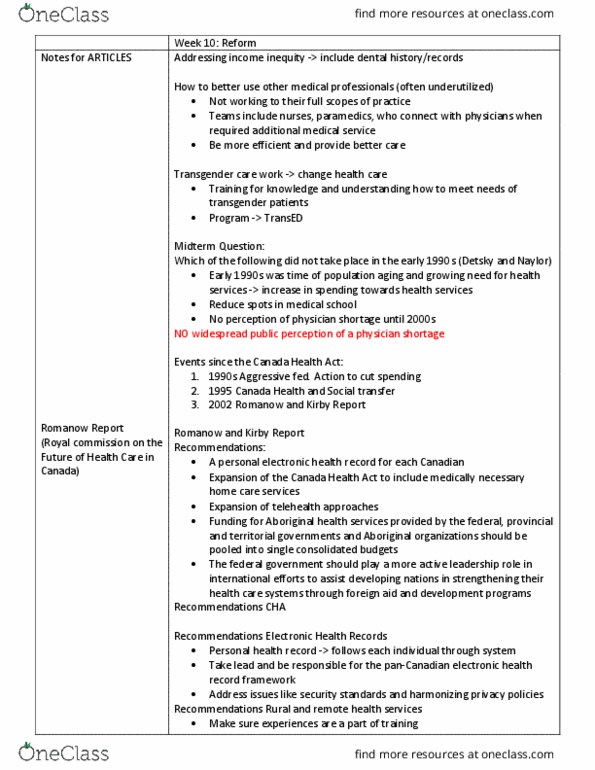 HSCI 305 Lecture Notes - Lecture 10: Electronic Health Record, Personal Health Record, Canada Health Act thumbnail