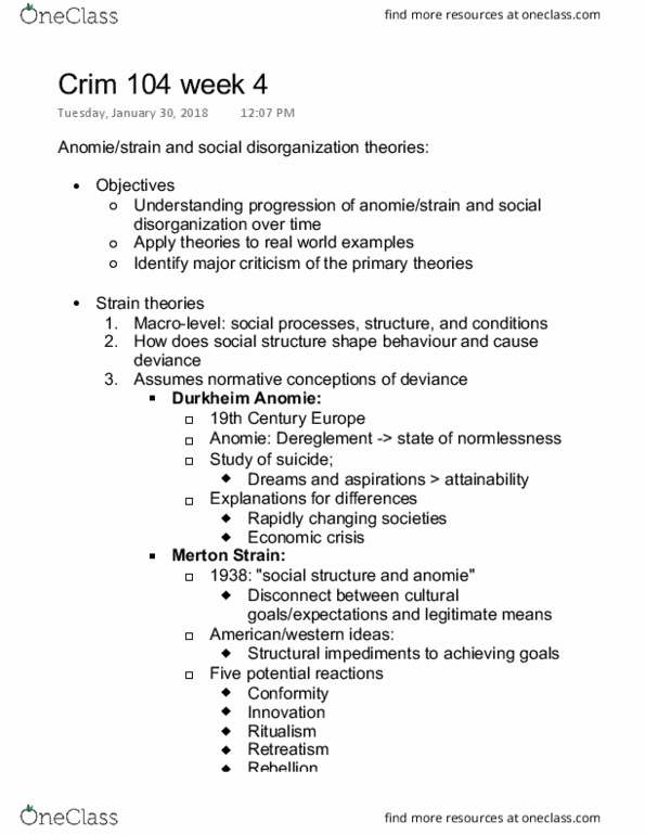 CRIM 104 Lecture Notes - Lecture 3: Social Disorganization Theory, Anomie, Ritualism In The Church Of England thumbnail