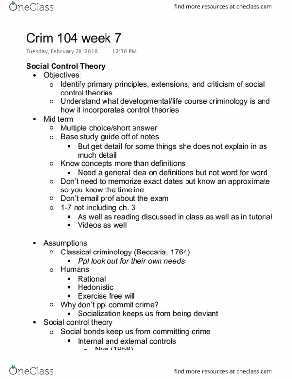 CRIM 104 Lecture Notes - Lecture 6: Social Control Theory, General Idea, Homeboy Industries thumbnail
