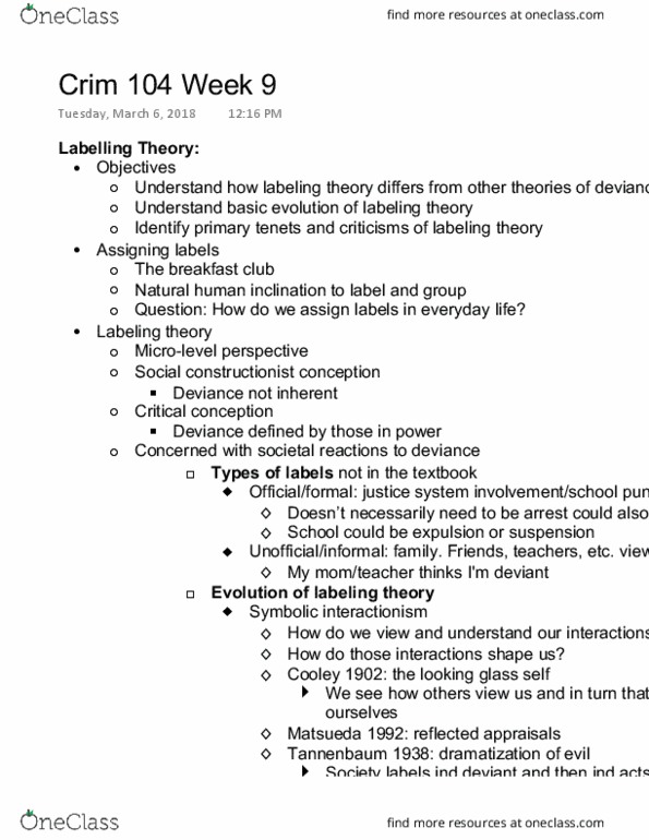 CRIM 104 Lecture Notes - Lecture 8: Symbolic Interactionism, Labeling Theory, Gambling thumbnail