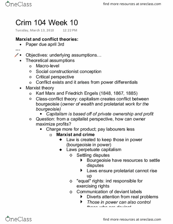 CRIM 104 Lecture Notes - Lecture 9: Friedrich Engels, Bourgeoisie, Proletariat thumbnail
