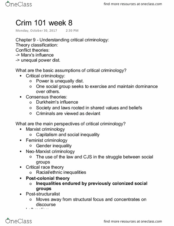 CRIM 101 Lecture Notes - Lecture 8: Feminist School Of Criminology, Critical Criminology, Postcolonialism thumbnail