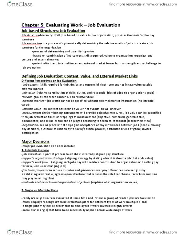 HROB 3010 Chapter Notes - Chapter 5: Competitive Advantage, Job Analysis, Job Evaluation thumbnail