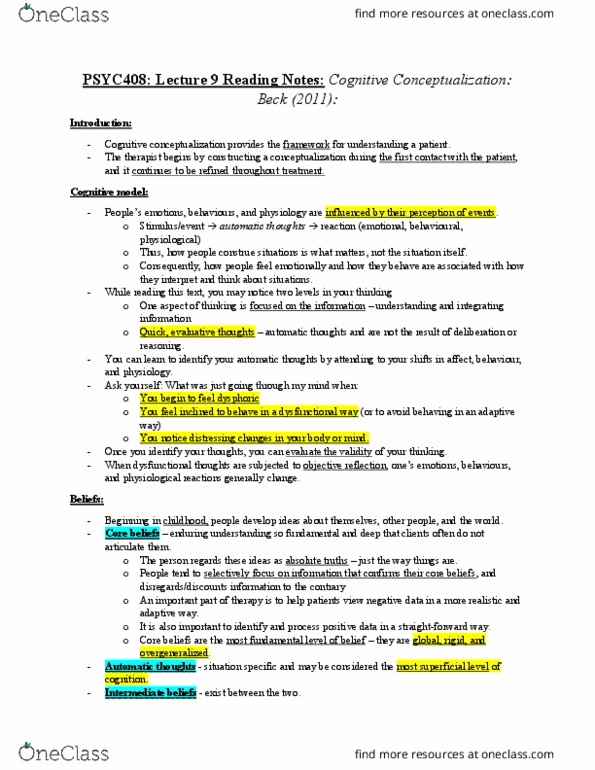 PSYC 408 Chapter Notes - Chapter lecture 9 reading : Dysphoria, Cognitive Model, Therapeutic Relationship thumbnail