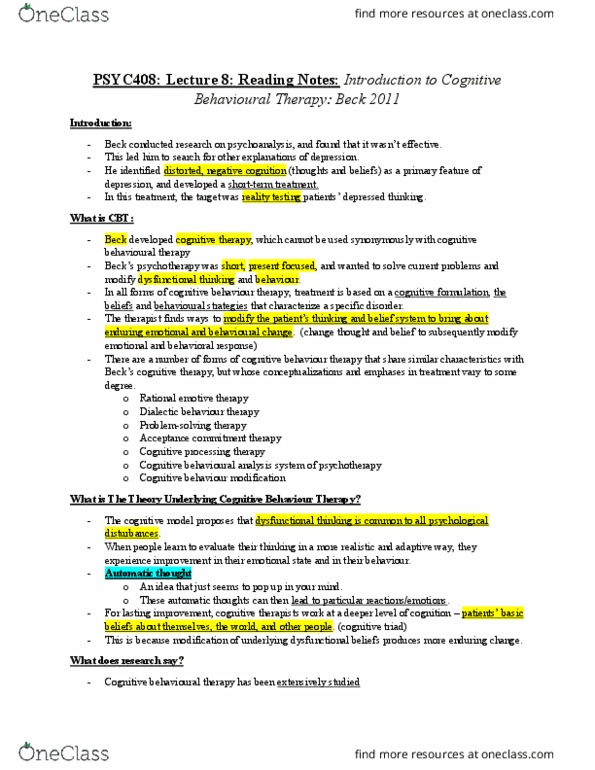 PSYC 408 Chapter Notes - Chapter Beck chapter lecture 8: Rational Emotive Behavior Therapy, Cognitive Processing Therapy, Cognitive Therapy thumbnail