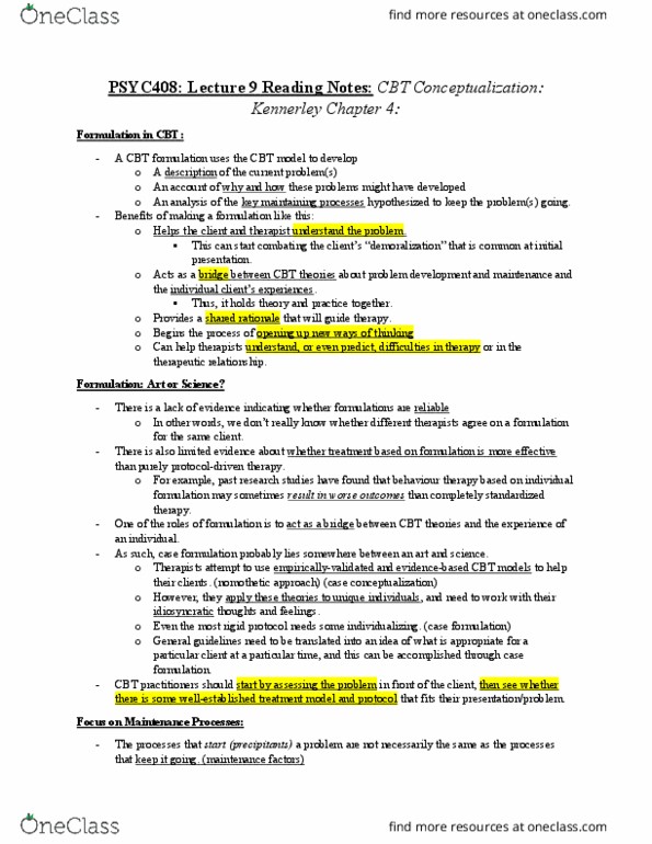 PSYC 408 Chapter Notes - Chapter lecture 9 reading : Clinical Formulation, Therapeutic Relationship, Nomothetic thumbnail