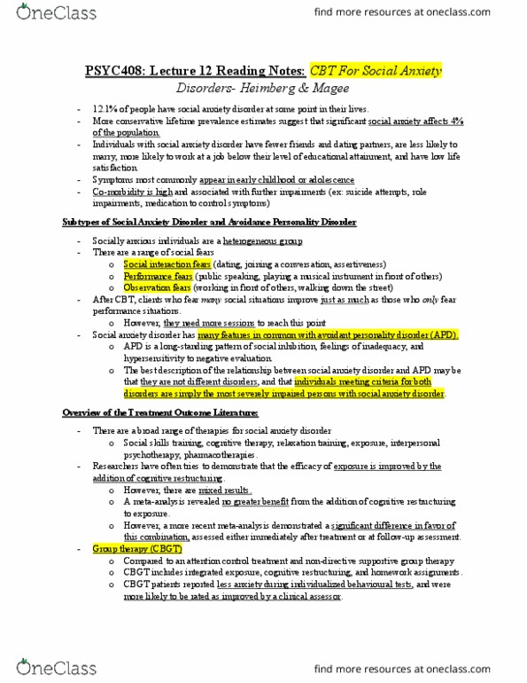 PSYC 408 Chapter Notes - Chapter lecture 12 reading : Social Anxiety Disorder, Avoidant Personality Disorder, Social Skills thumbnail