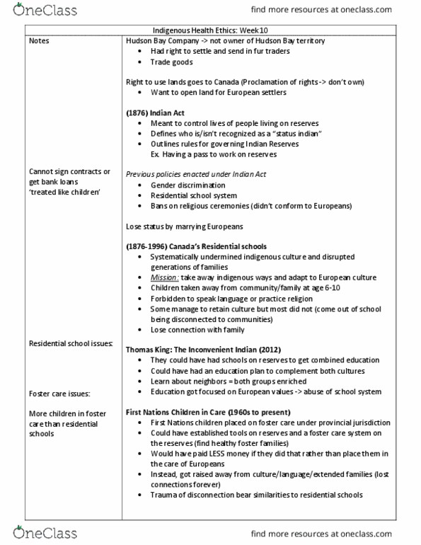 HSCI 319W Lecture Notes - Lecture 10: Foster Care, Indian Register, Indian Act thumbnail