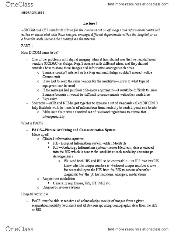 MEDRADSC 2BB3 Lecture Notes - Lecture 7: Dicom, Information System, Wado thumbnail