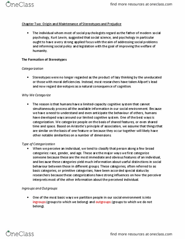 PSYC12H3 Chapter Notes - Chapter 2: Kurt Lewin, In-Group Favoritism, Ingroups And Outgroups thumbnail