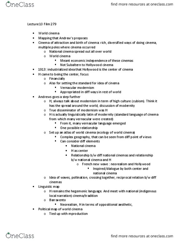 FILM 279 Lecture Notes - Lecture 10: World Cinema, Cinema Of India, Linguistic Map thumbnail