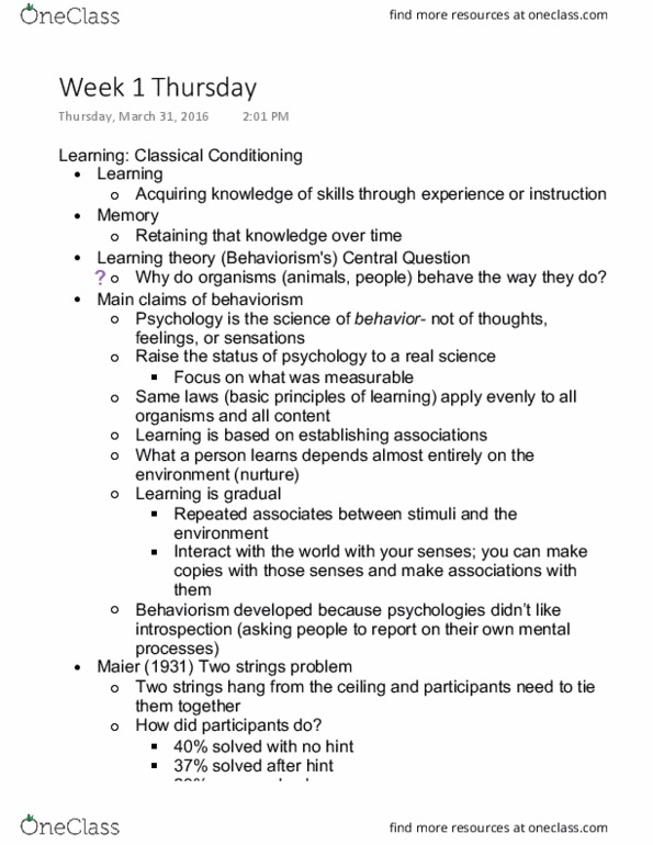PSYCH 9B Lecture Notes - Lecture 2: Classical Conditioning, Implicit Learning, Behaviorism thumbnail
