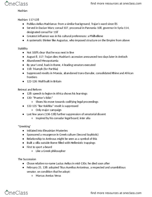 CLAS 335 Lecture Notes - Lecture 20: Bar Kokhba Revolt, Lucius Aelius, Antoninus Pius thumbnail