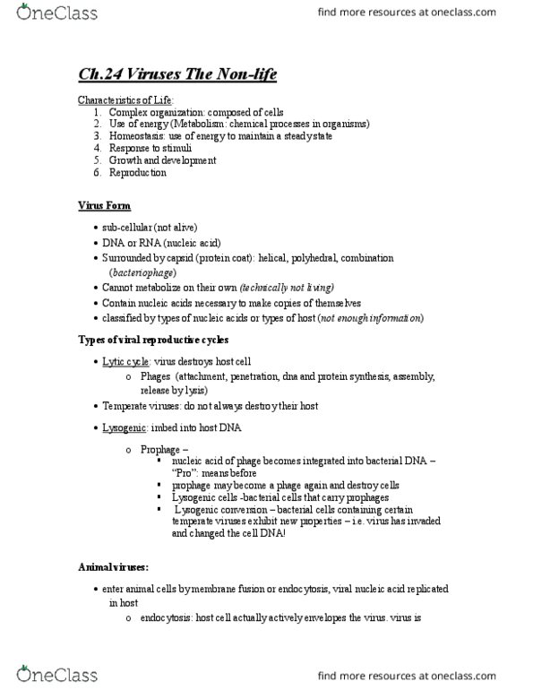 BIOL 112 Chapter Notes - Chapter 24: Reverse Transcriptase, Retrovirus, Transmissible Spongiform Encephalopathy thumbnail