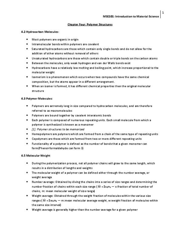 MSE101H1 Lecture Notes - Cross-Link, Poly(Methyl Methacrylate), Copolymer thumbnail