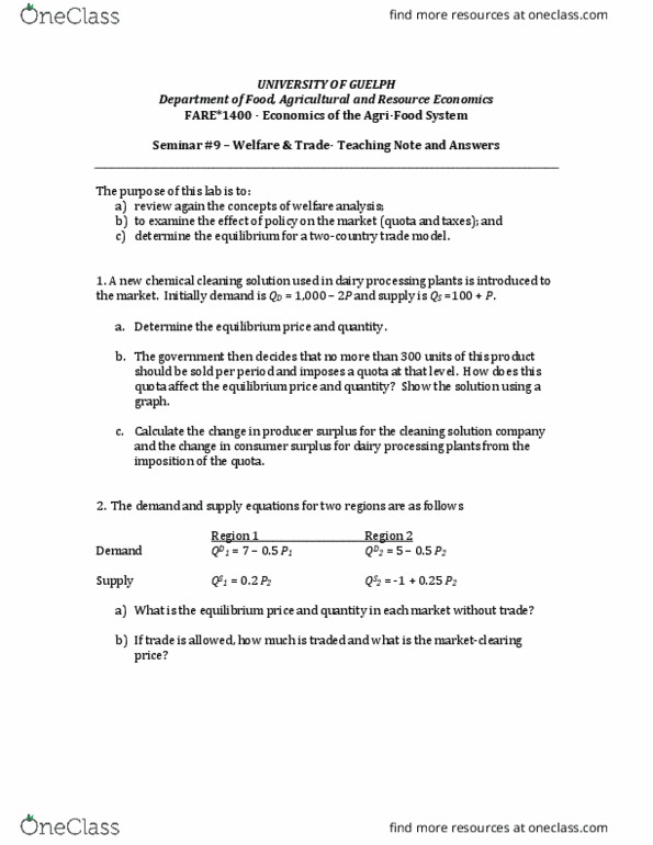 FARE 1400 Lecture Notes - Lecture 6: Economic Equilibrium, Economic Surplus, University Of Guelph thumbnail