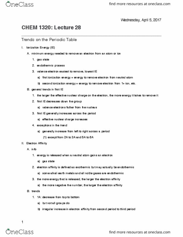 CHEM 1320 Lecture Notes - Lecture 28: Effective Nuclear Charge, Community Reinvestment Act, Valence Electron thumbnail