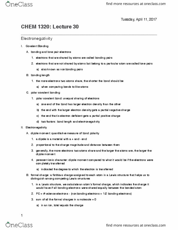 CHEM 1320 Lecture Notes - Lecture 30: Lone Pair, Bond Length, Lewis Structure thumbnail