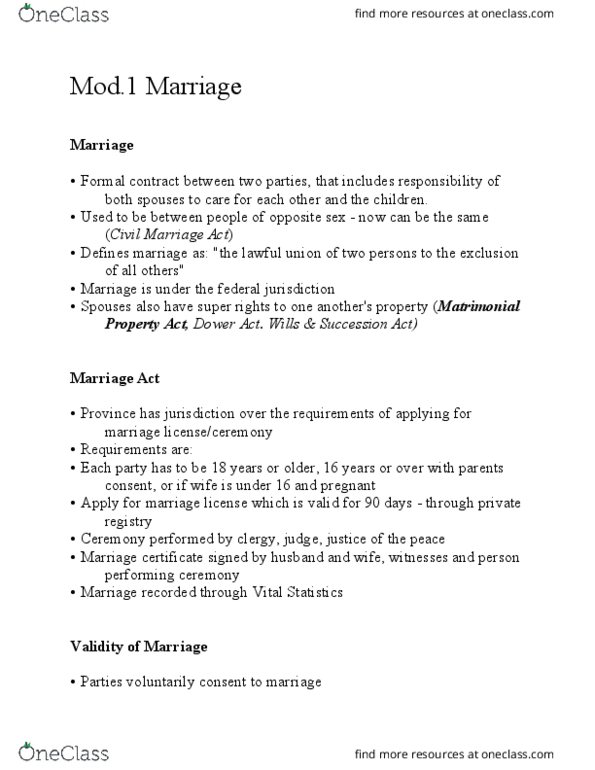 LEGL-280 Lecture Notes - Lecture 1: Marriage Certificate, Civil Marriage Act thumbnail