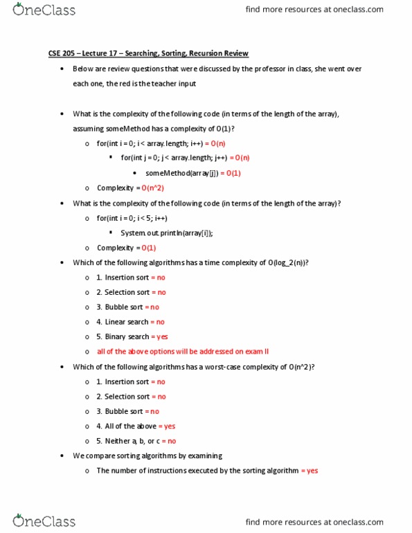 CSE 205 Lecture Notes - Lecture 17: Bubble Sort, Quicksort, Linear Search thumbnail