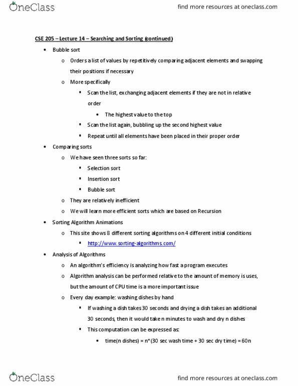 CSE 205 Lecture Notes - Lecture 14: Insertion Sort, Thrice, Sorting Algorithm thumbnail