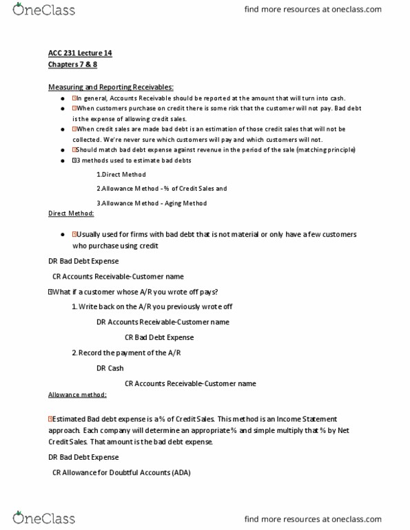 ACC 231 Lecture Notes - Lecture 14: Income Statement, Promissory Note, Accounts Receivable thumbnail