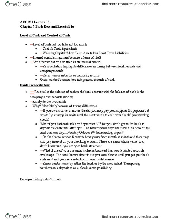 ACC 231 Lecture Notes - Lecture 13: Bank Statement, Matching Principle, Internal Control thumbnail