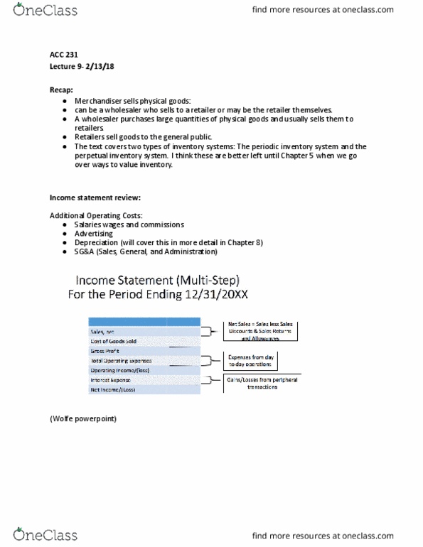 ACC 231 Lecture Notes - Lecture 9: Perpetual Inventory, Income Statement, Retained Earnings thumbnail