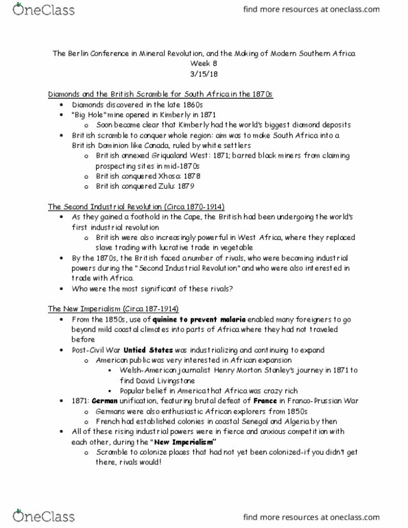 HIST 439 Lecture Notes - Lecture 10: Randlord, New Imperialism, Pass Laws thumbnail