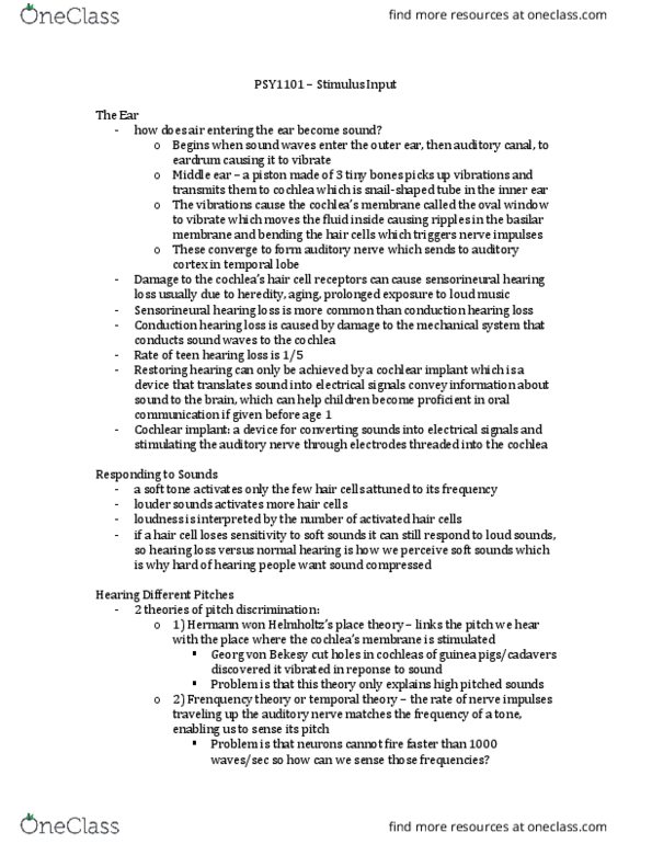 PSY 1101 Lecture Notes - Lecture 26: Oval Window, Sensorineural Hearing Loss, Auditory Cortex thumbnail