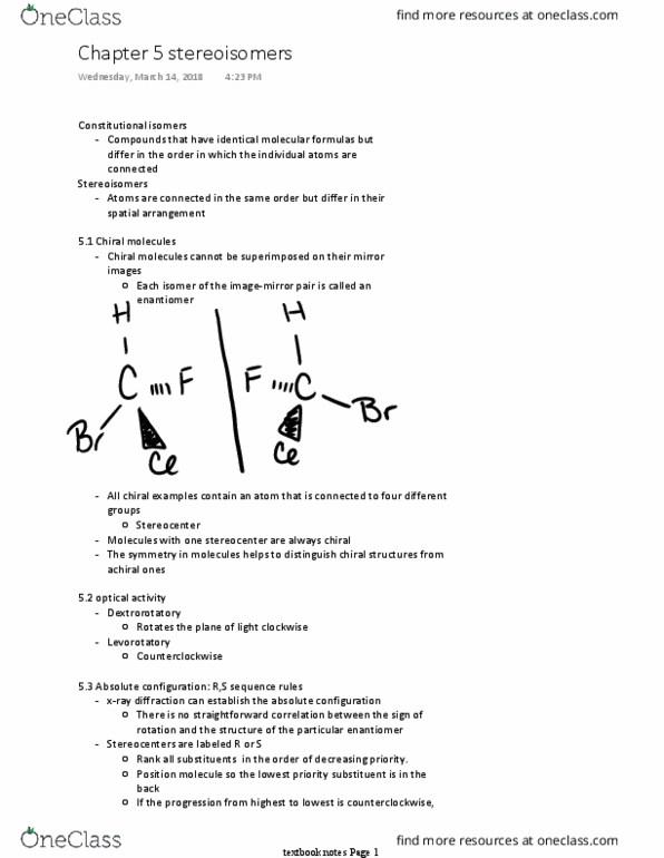 CHEM 140A Chapter Notes - Chapter 5: Meso Compound, Stereoselectivity, Fractional Distillation thumbnail