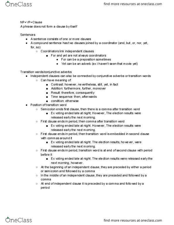 LING 2P10 Lecture Notes - Lecture 10: Dependent Clause, Semicolon, Preposition And Postposition thumbnail