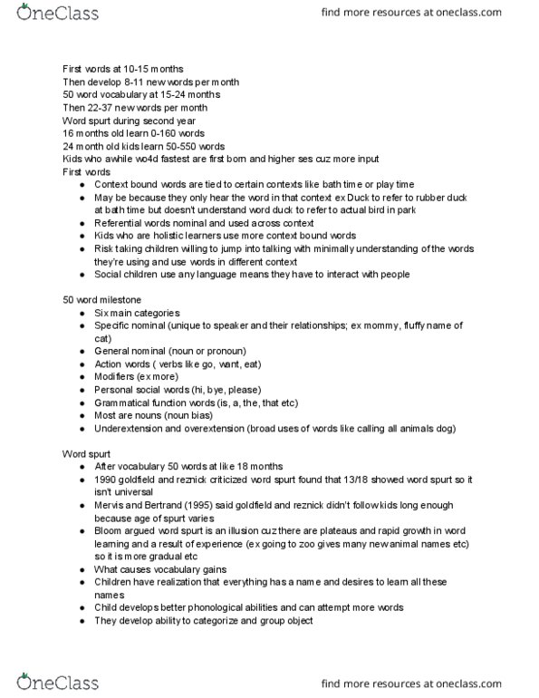 LING 3P61 Lecture Notes - Lecture 9: Group Object, 18 Months, Fast Mapping thumbnail