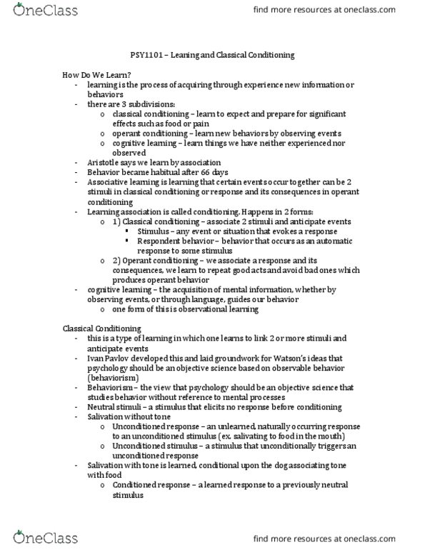 PSY 1101 Lecture Notes - Lecture 31: Classical Conditioning, Operant Conditioning, Observational Learning thumbnail