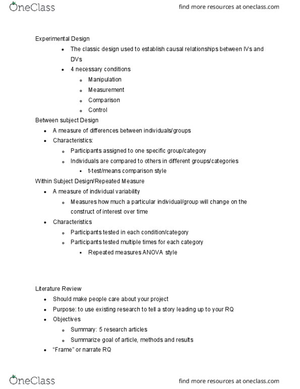 PSYC 2900 Lecture Notes - Lecture 13: Repeated Measures Design thumbnail