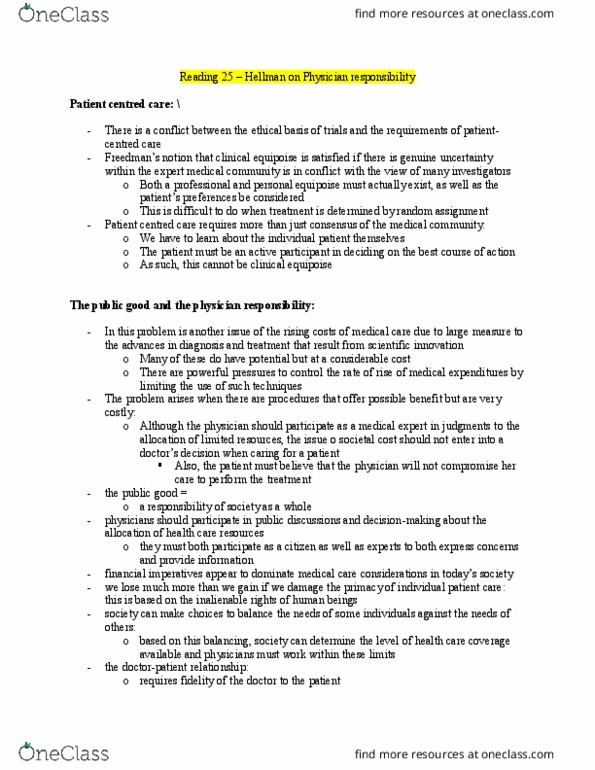 PHILOS 2D03 Chapter Notes - Chapter Hellman: Patient Participation, Random Assignment thumbnail
