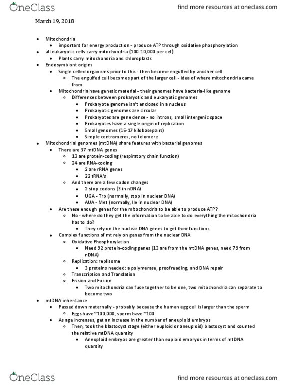 BIOL 264 Lecture Notes - Lecture 13: Mutation Rate, Aneuploidy, Mitochondrial Disease thumbnail