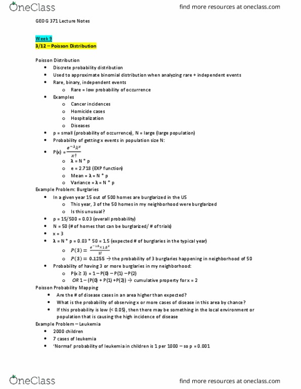 GEOG 371 Lecture Notes - Lecture 9: Probability Distribution, Binomial Distribution thumbnail