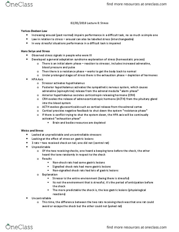 PSYC 4750 Lecture Notes - Lecture 8: Hans Selye, Adrenal Medulla, Sympathetic Nervous System thumbnail