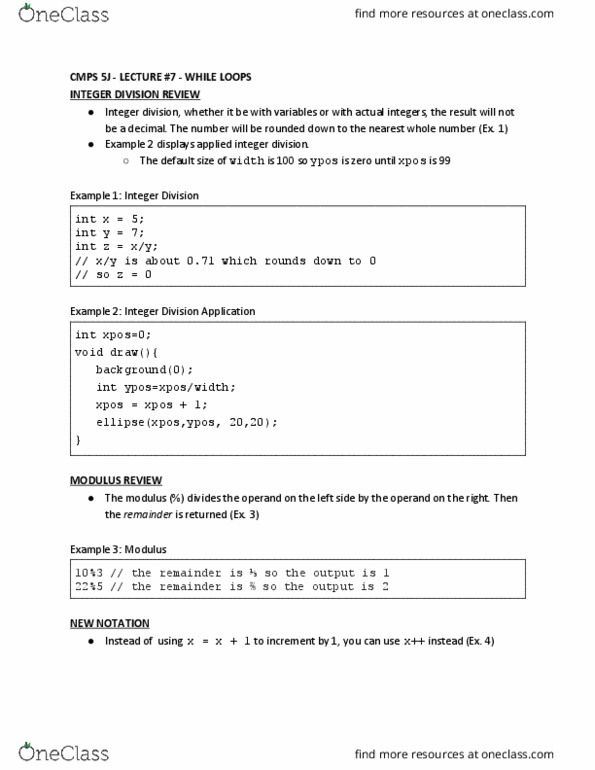 CSE 5J Lecture Notes - Lecture 7: Infinite Loop, Modulus Guitars, Operand thumbnail