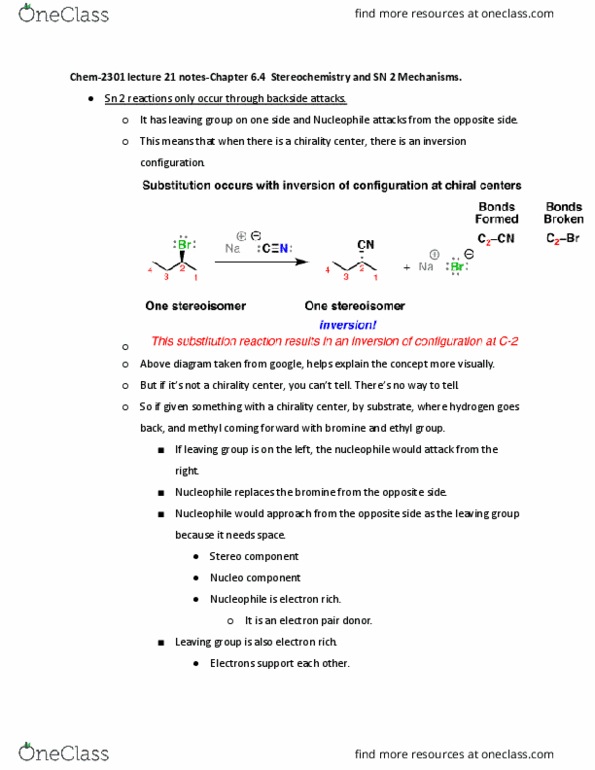 CHEM 2301 Lecture Notes - Lecture 21: Nucleophilic Substitution, Steric Effects, Stereospecificity thumbnail